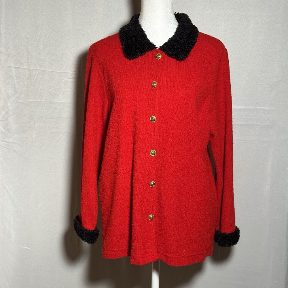 Vintage Cathy Daniels M Red Cardigan Black Fuzzy Collar Gold Buttons Holiday